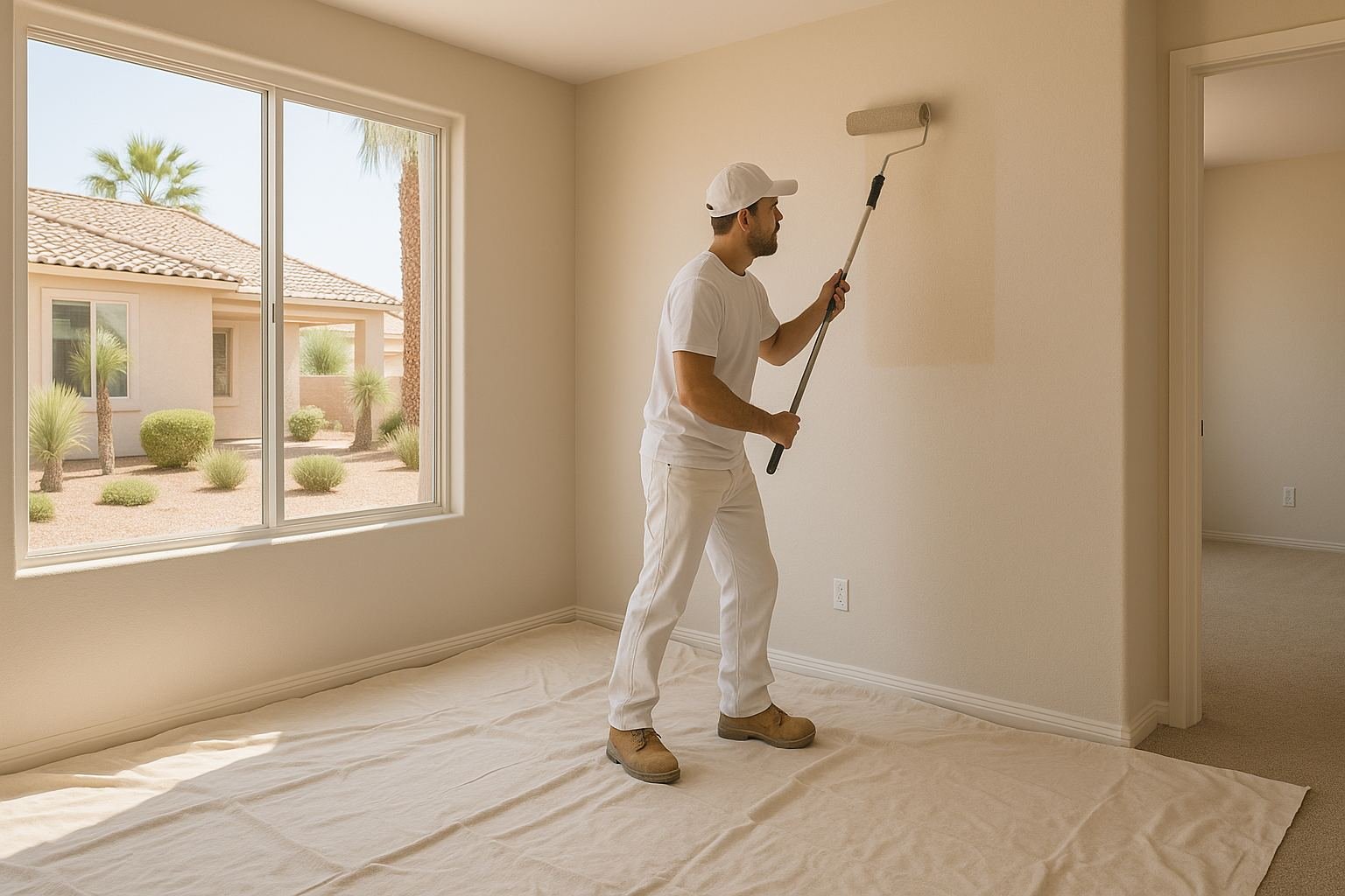 Professional painter rolling fresh neutral paint in an empty Las Vegas rental home between tenants